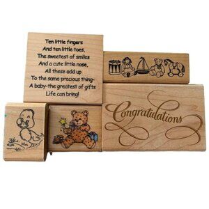 Wooden Baby-Themed Rubber Stamp Lot Cute Illustrations & Congratulatory Script D